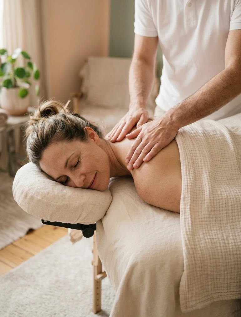 Entspannte Rückenmassage in warmer, ruhiger Atmosphäre