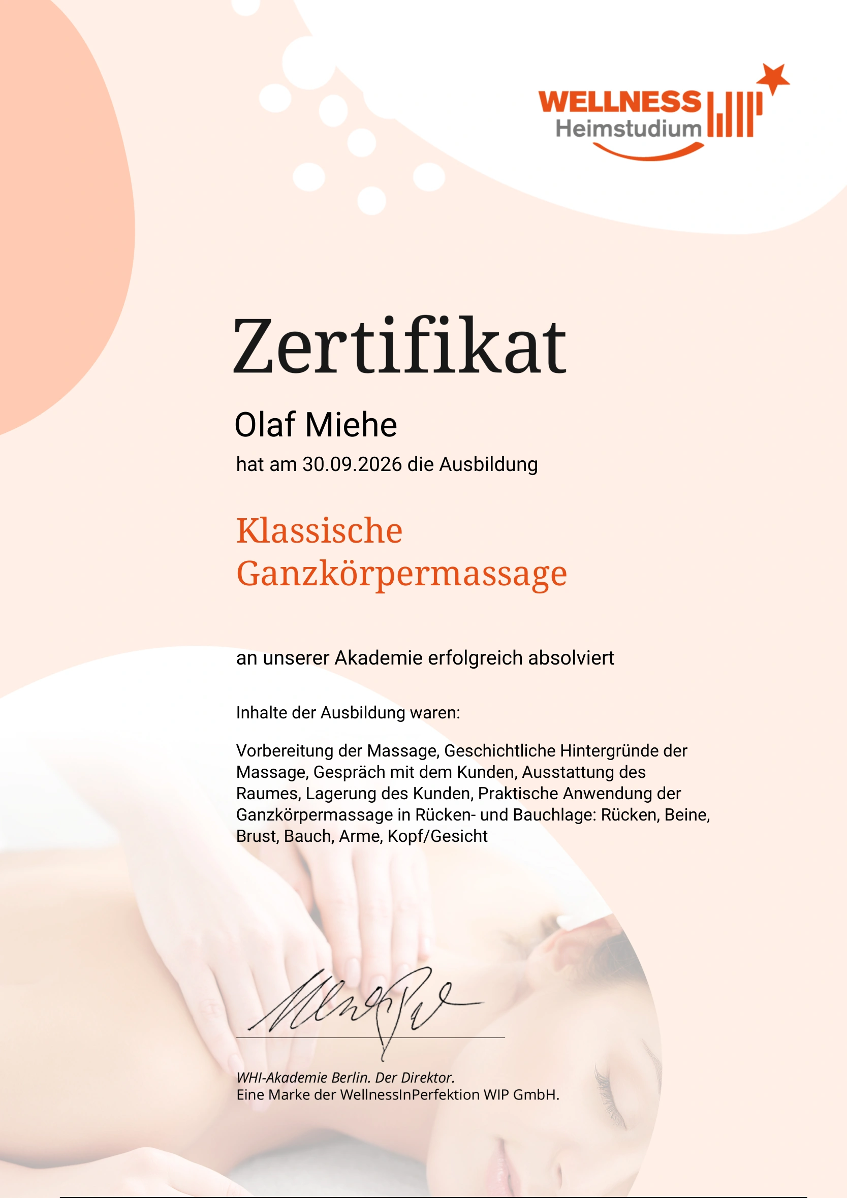 Zertifikat von Olaf Miehe über die Ausbildung Klassische Ganzkörpermassage